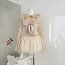 批发迟伞伞25/fw 绮月小姐 蕾丝蝴蝶结假两件长袖衬衫不规则<b class='q'>网纱</b>裙