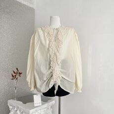 批发OYFF凡凡来咯【金盏爵士】纯欲抽皱蕾丝荷叶边V领<b class='q'>衬衫女</b><b class='q'>长袖</b>上衣