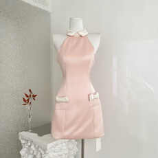 批发千金风<b class='q'>连衣裙</b>2026早春新款撞色<b class='q'>翻领</b>挂脖裙甜美蝴蝶结无袖背心裙子