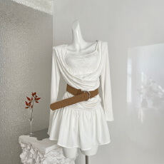 批发纯欲风性感长袖荡领上衣短裙子套装女<b class='q'>秋</b>冬蕾丝拼接T恤A字裙两件套