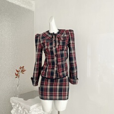 批发学院风套装女<b class='q'>秋</b>冬千金名媛气质复古感格子长袖衬衫包臀短裙两件套