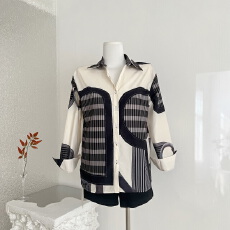 批发Kikimy【老钱松驰感】 H家皮扣印花衬衫女初<b class='q'>秋</b>法式小资小上衣