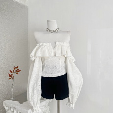 批发2025<b class='q'>秋</b>季新款女装高级感一字肩衬衫镂空刺绣花边上衣