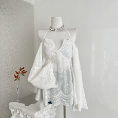 批发陈允朵*香气韩女*原创纯欲风绣花25<b class='q'>秋季</b>喇叭袖吊带一字肩<b class='q'>连衣裙</b>子