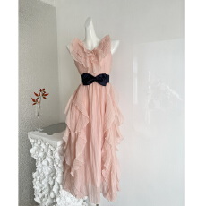 批发Blovelan晴雪汀兰 法式设计感V领荷叶边撞色收腰气质仙女裙连衣裙