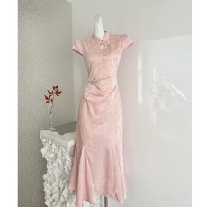 批发Blovelan步步生莲 温柔新中式立领提花收腰轻国风旗袍鱼尾连衣裙