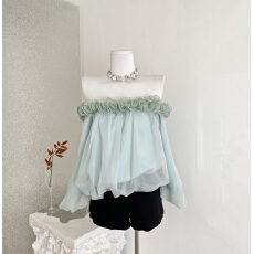 AS正品十三行立体花朵一字领露肩小衫雪纺衫女春夏季七分袖温柔