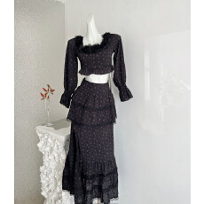 批发烟熏桃桃Embertia法式复古度假重工手绣蕾丝拼接短上衣半身裙套装