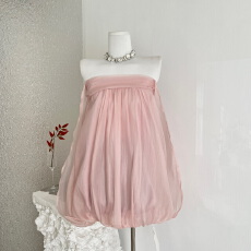 批发Hotdog 热狗很辣【花苞契约】粉色网纱<b class='q'>蓬蓬裙</b>女温柔一字肩<b class='q'>连衣裙</b>