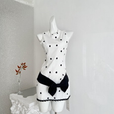 批发画解WAHJU 情绪波点 早春复古甜酷<b class='q'>黑白</b>拼接设计蝴蝶结波点<b class='q'>连衣裙</b>