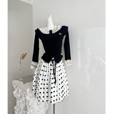 批发LENNEA波点花边袖黑色<b class='q'>长袖</b>针织开衫女miu系修身打底衫早秋上衣春