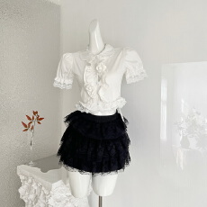 批发迟伞伞26/ss dating日 花朵翻领花边短袖衬衫格纹花苞系带裙裤