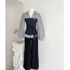 批发POPWEST丨拼接<b class='q'>假两件</b>衬衫小众撞色衬衣收腰长袖<b class='q'>上衣</b>阔腿裤套装女