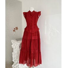 批发凌茜恣禾南枝红'83%莱赛尔天丝红色小飞袖短款上衣蕾丝长裙<b class='q'>半身裙</b>