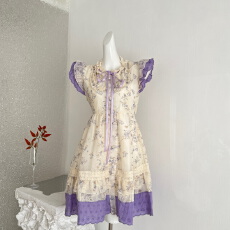 批发甜美可爱风紫色碎花<b class='q'>小</b>飞袖连衣裙夏季俏皮少女感减龄小个子娃娃裙