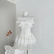 批发JOYKIKI 鱼骨抹胸上衣女纯欲风蓬蓬短裙<b class='q'>高腰</b>显瘦设计半身裙套装