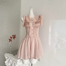 批发Hotdog 热狗很辣【中古欧若拉小姐】荷叶边雪纺<b class='q'>连衣裙</b>衬衫娃娃裙