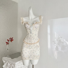 批发迟<b class='q'>伞</b><b class='q'>伞</b>26/ss 明媚橘光 小黄花撞色刺绣花边系带上衣短<b class='q'>裙</b>甜美套装