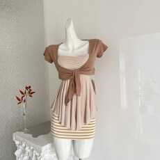 批发韩系温柔风上衣<b class='q'>条纹</b>包臀<b class='q'>短裙</b>两件套夏季纯欲风显瘦显身材辣妹套装