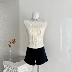 批发Lukira栀子香肩一字肩拼接蕾丝边无袖T恤女春夏<b class='q'>收腰</b>系带上衣