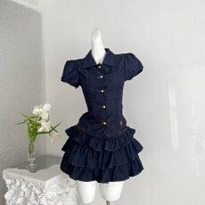 批发5.20新品WESTAYONE仿<b class='q'>牛仔</b>上衣女夏薄款短袖衬衫+蛋糕裙套装