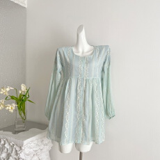 批发Doll原创『小青栀』森系薄荷蓝绿刺绣娃娃衫<b class='q'>夏季</b>少女感宽松连衣裙