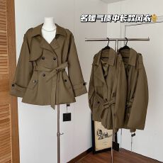 批发2025春季高级感气质翻领驼色风衣外套英伦风双排扣收腰显瘦大衣女