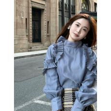 批发设计感超好看蓝色立领花边蝴蝶结系带<b class='q'>雪纺</b><b class='q'>衬衫</b>2026春秋新款上衣潮