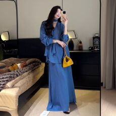 批发法式气质蓝色飘带长袖衬衫防晒套装女2026春夏中长款半身裙两件套