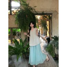 批发时尚百搭温柔风套装宽松气质无袖背心女<b class='q'>夏</b>季百搭垂感半身裙两件套