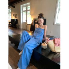 批发2026新款时尚百搭休闲蓝色清新吊带背心女<b class='q'>夏</b>+高腰垂感阔腿裤套装