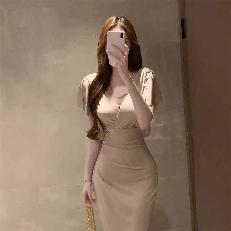 FA36773# 法式纯欲v领短袖连衣裙女夏季高级感收腰显瘦辣妹包臀裙子 服裝批發女裝批發服飾貨源