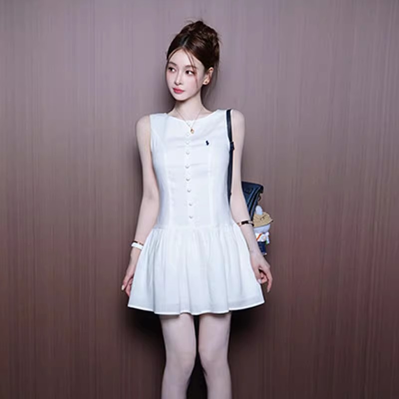 FA36771# 时尚简约白色无袖背心连衣裙女夏季新款小众别致气质短款裙子 服裝批發女裝批發服飾貨源