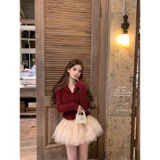 批发迟伞伞25/fw雪松温庭 vintage翻领木耳边羊毛针织两色皱皱白<b class='q'>长裙</b>