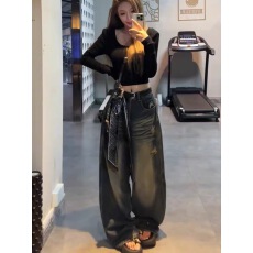 批发黑色打底上衣美式复古水洗高腰直筒牛仔裤女<b class='q'>破洞</b>宽松阔腿裤长裤子
