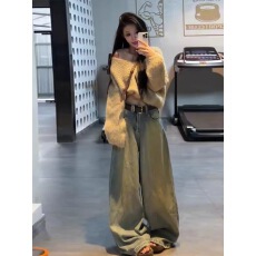 批发韩版复古慵懒风蝙蝠袖宽松显瘦针织毛衣女高腰阔腿牛仔裤两件套装