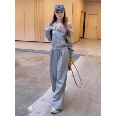 批发慵懒风斜肩毛领拼接辣妹卫衣套装女宽松<b class='q'>外套</b>阔腿裤<b class='q'>婴儿</b>绒两件套