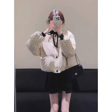 批发韩系甜美蝴蝶结系带波点羽绒服女冬季2025新款宽松加厚保暖外套