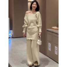 批发韩式搭配一整套冬装慵懒风圆领宽松针织衫长袖毛衣女<b class='q'>休闲</b>裤两件套