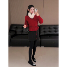 批发圣诞节穿搭新年红色可拆卸围脖<b class='q'>荷叶边</b><b class='q'>毛衣</b>女秋冬季加厚针织衫上衣