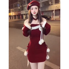 批发今年流行的<b class='q'>红色</b>毛衣<b class='q'>连衣裙</b>女春秋季毛球针织衫长袖一字肩包臀裙子