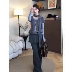 批发甜辣妹双层花边泡泡袖针织衫叠穿长袖打底衫蕾丝围巾百褶屁帘长裤