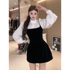 批发<b class='q'>春</b>秋新款法式赫本风精致黑色吊带a字裙叠穿温柔白色衬衫两件套女