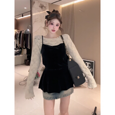 批发韩系穿搭绑带丝绒<b class='q'>吊带</b>背心女秋冬叠穿蕾丝钩花打底衫上衣两件套装