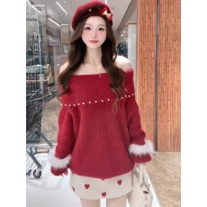 冬季穿搭一整套法式慵懒风一字肩珍珠毛毛针织衫女半身裙两件套装