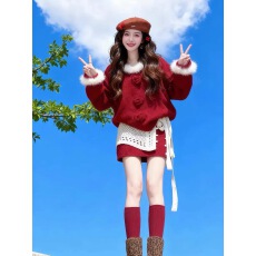 批发巨好看过年穿搭红色毛衣套装裙女秋<b class='q'>冬</b>2026新款韩系一整套深<b class='q'>冬</b>穿搭