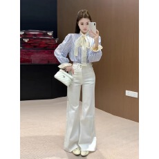 批发韩系时尚蓝色蝴蝶结<b class='q'>长袖</b>条纹衬衫外套女春季设计感小众高级感衬衣