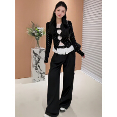 批发韩系甜辣风蕾丝拼接波点长袖T恤女早春假两件上衣花边休闲裤套装