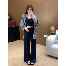 批发2026早春复古<b class='q'>宽松</b>条纹衬衫内搭V领吊带背心高腰休闲裤三件套装女