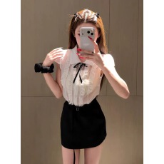 批发夏季甜美千金风蝴蝶结花边泡泡袖衬衫黑色半身裙气质小个子套装女